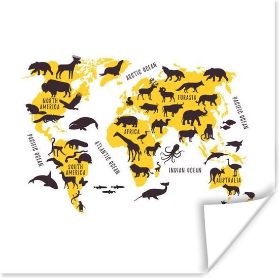 Décoration murale - Wereldkaart - Animaux - Jaune - 50x50 cm - Affiche