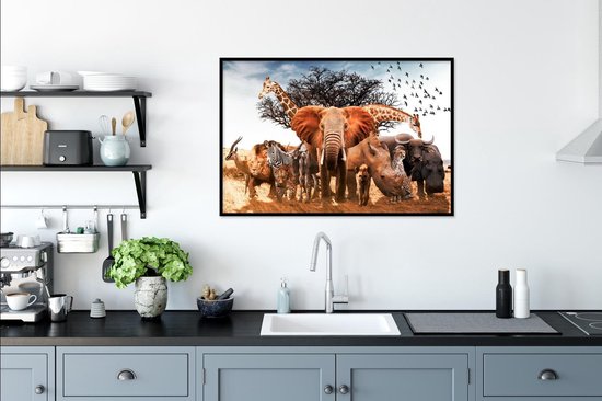 Affiche avec cadre Animaux - Girafe - Éléphant - 90x60 cm