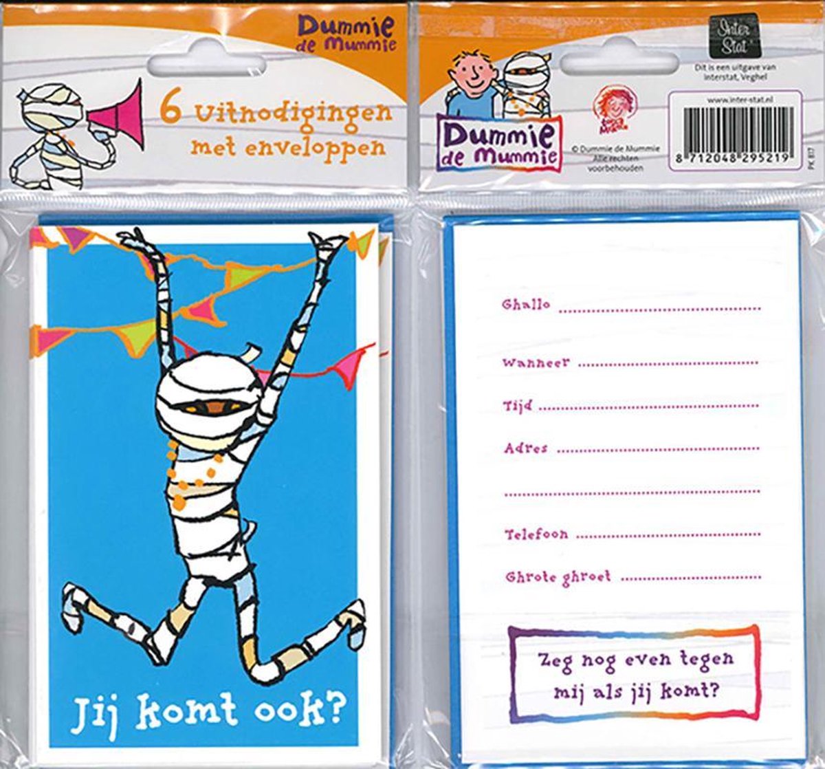 12 Uitnodigingskaartjes met envelop - Dummie de Mummie blauw - 9 x 13.5 cm