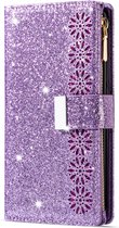 iPhone 13 Pro Luxe Glitter Book Case Hoesje met Koord - Bloemenpatroon - Magnetische Sluiting - Portemonnee met Rits - Pasjeshouder - Apple iPhone 13 Pro - Paars