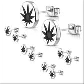 Aramat jewels ® - Ronde oorbellen weed blad zwart zilverkleurig staal 10mm