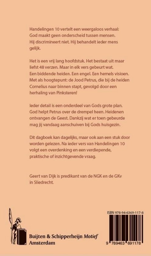 Achterkant boek 'God maakt geen onderscheid'. Tekst over Handelingen 10. Logo Buijten & Schipperheijn Motief Amsterdam.