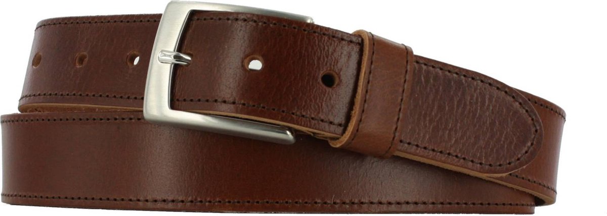 Leren Riem Heren/Dames Rondgestikt | 3.5cm breed | Riemmaat: 115cm (totale lengte: 130cm) | 100% echt leer | Kleur: bruin | Nikkelvrije gesp