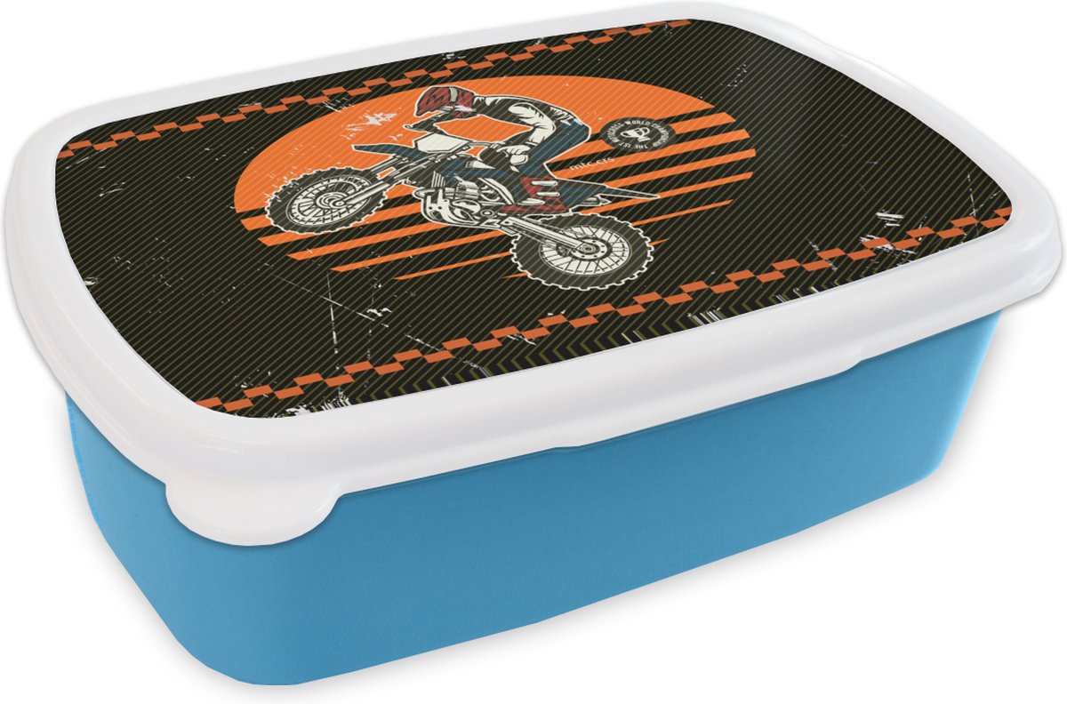 Broodtrommel Blauw - Lunchbox - Brooddoos - Motor - Vintage - Design - 18x12x6 cm - Kinderen - Jongen