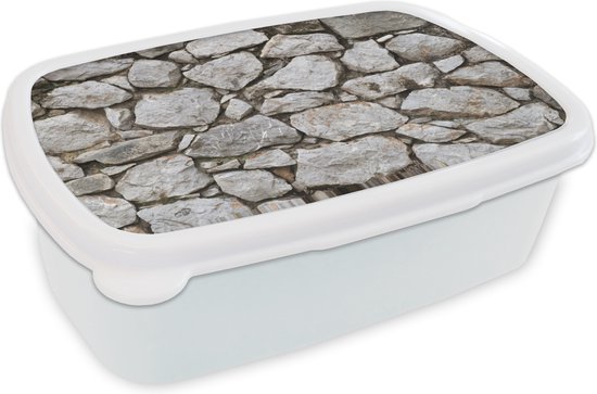 Broodtrommel Wit - Lunchbox - Brooddoos - Stenen muur met kleine en grote stenen - 18x12x6 cm - Volwassenen