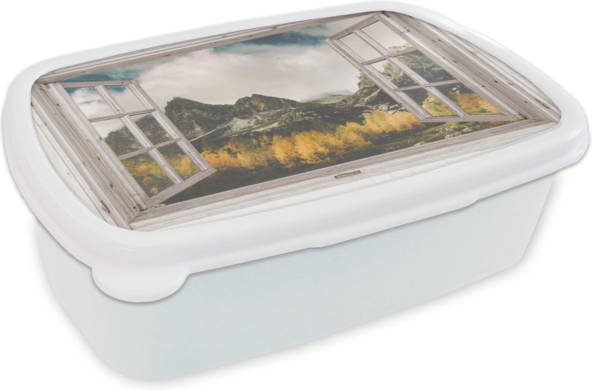 Broodtrommel Wit - Lunchbox - Brooddoos - Doorkijk - Berg - Herfst - 18x12x6 cm - Volwassenen