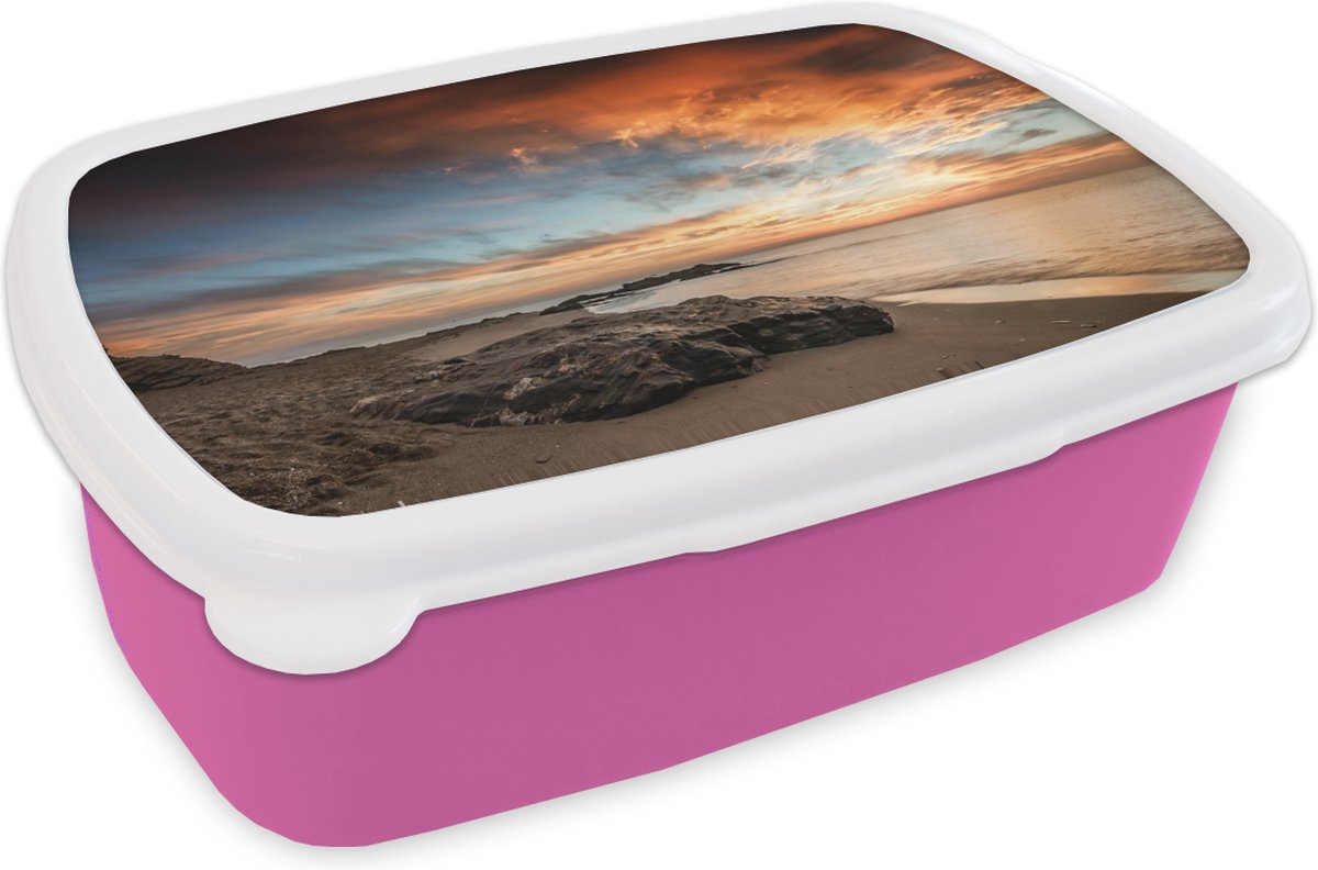 Broodtrommel Roze - Lunchbox - Brooddoos - Lucht - Zee - Strand - 18x12x6 cm - Kinderen - Meisje