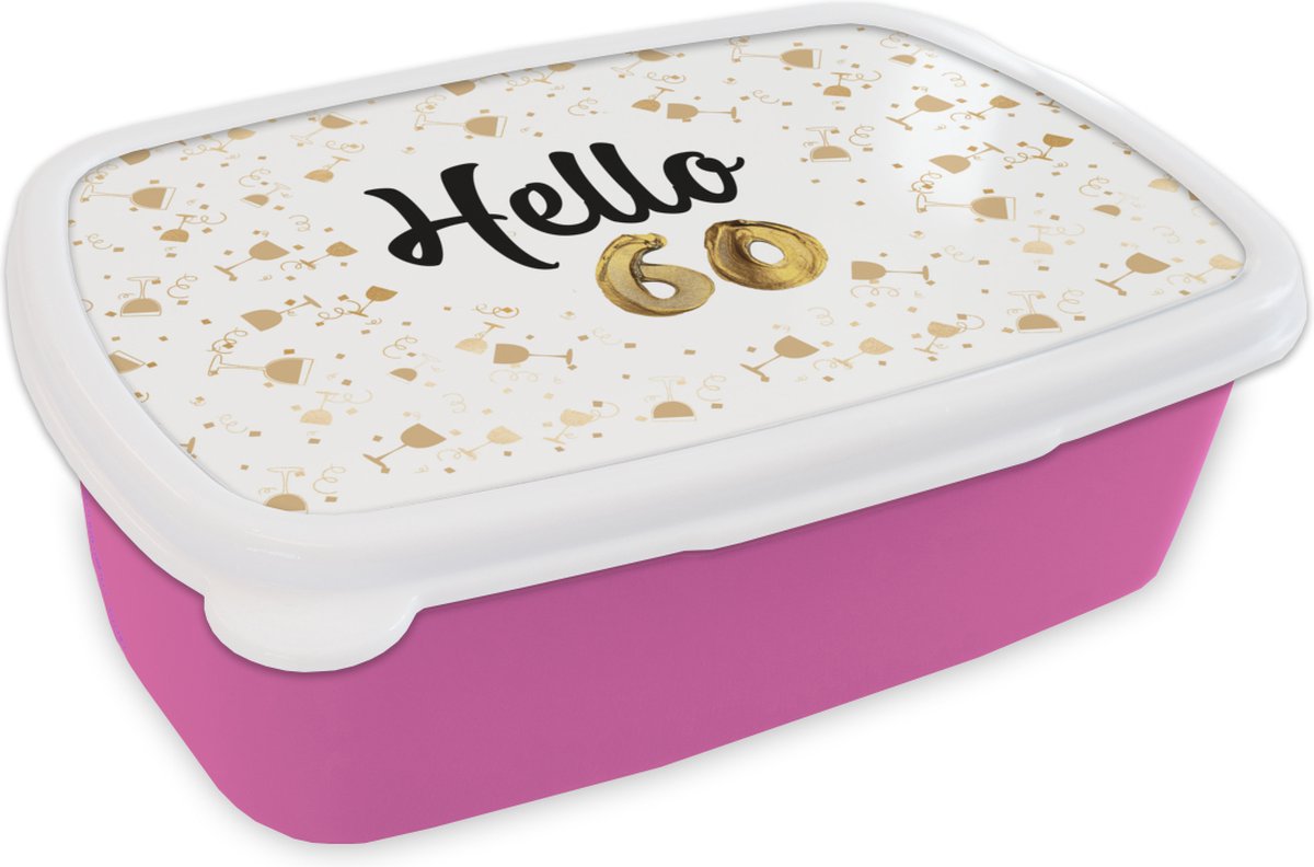 Broodtrommel Roze - Lunchbox - Brooddoos - Feest - 60 jaar - Goud - 18x12x6 cm - Kinderen - Meisje