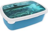 Broodtrommel Blauw - Lunchbox - Brooddoos - Grote haai in een aquarium - 18x12x6 cm - Kinderen - Jongen