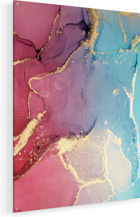 Artaza Glasschilderij - Abstracte Kunst van Marmer - Roze met Blauw - 75x100 - Groot - Plexiglas Schilderij - Foto op Glas