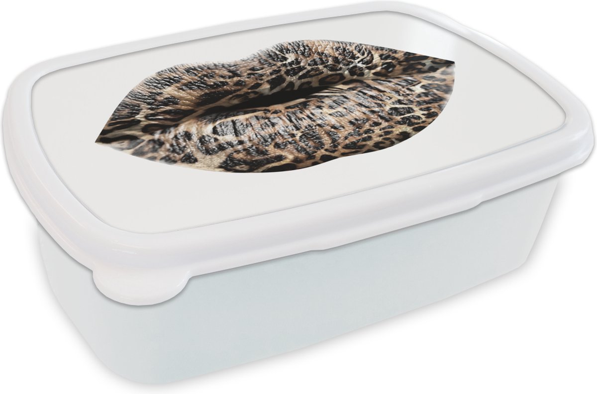 Broodtrommel Wit - Lunchbox - Brooddoos - Lippen - Tijgerprint - Wit - 18x12x6 cm - Volwassenen
