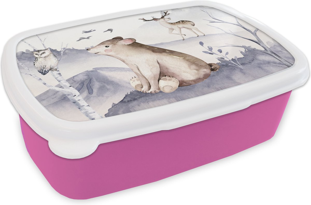 Broodtrommel Roze - Lunchbox - Brooddoos - Winter - Sneeuw - Dieren - 18x12x6 cm - Kinderen - Meisje