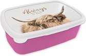 Broodtrommel Roze - Lunchbox - Brooddoos - Schotse hooglander - Quote - Dier - 18x12x6 cm - Kinderen - Meisje