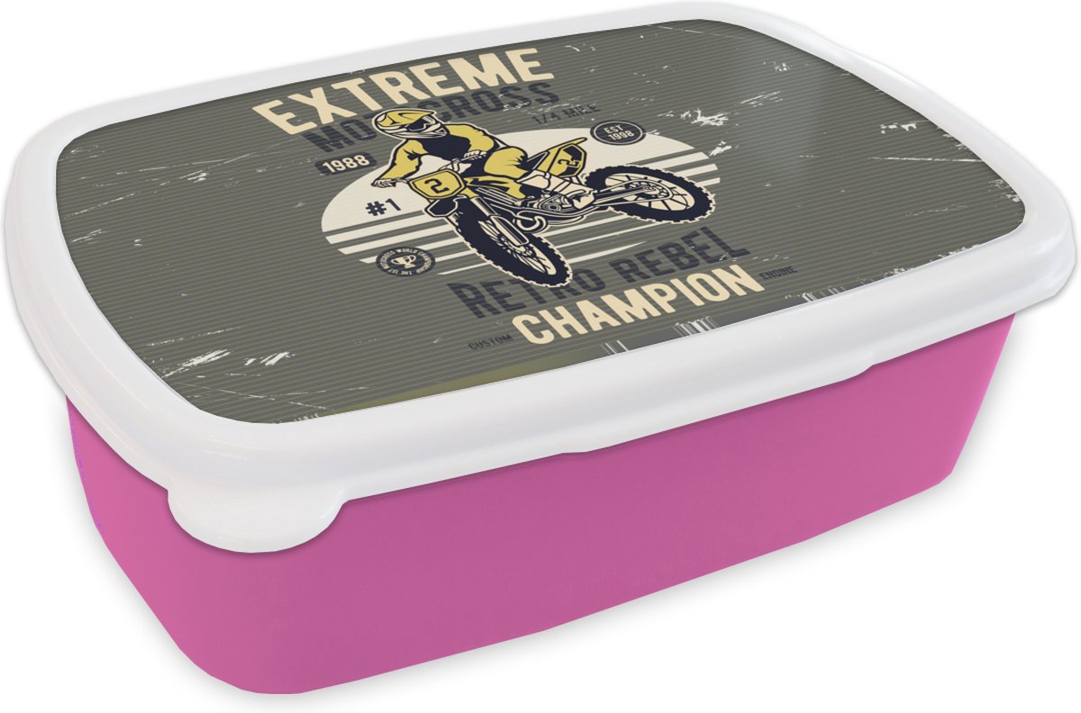 Broodtrommel Roze - Lunchbox - Brooddoos - Motor - Geel - Retro - 18x12x6 cm - Kinderen - Meisje