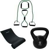 Tunturi - Fitness Set - Kettlebell 8 kg - Fitnessmat 160 x 60 x 0,7 cm - Tubing Set Groen