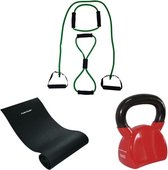 Tunturi - Fitness Set - Kettlebell 10 kg - Fitnessmat 160 x 60 x 0,7 cm - Tubing Set Groen