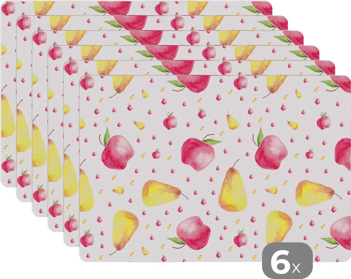 Placemat - Placemats kunststof - Peren - Appels - Aquarel - 45x30 cm - 6 stuks - Hittebestendig - Anti-Slip - Onderlegger - Afneembaar