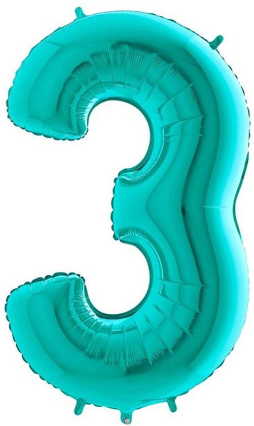 Folieballon Cijfer 3 Turquoise - 100 Centimeter