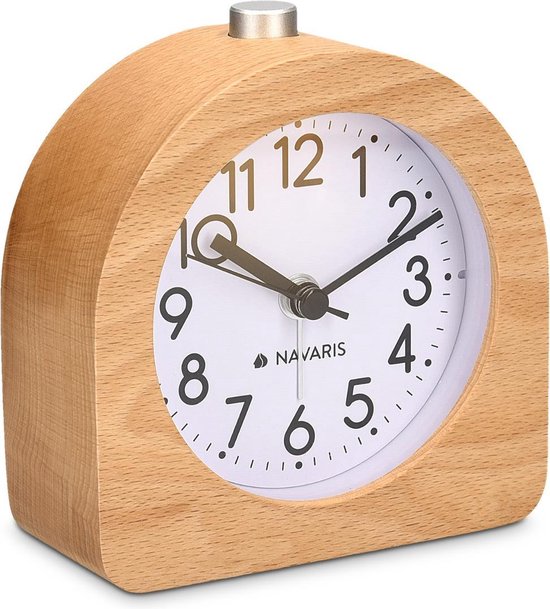 Navaris analoge klassieke houten wekker - Retro tafelklok met alarm, sluimerfunctie en verlichting - Halfrond ontwerp - met witte wijzerplaat