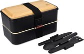 Navaris bentobox - Lunchbox met 2 compartimenten - Dubbele broodtrommel met bestek - Voor lunch en tussendoortjes op school en werk - Zwart