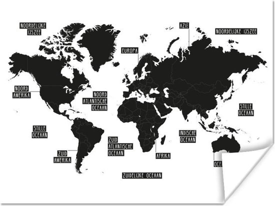 Carte du monde Zwart et blanc sur poster. Peinture 80x60 cm