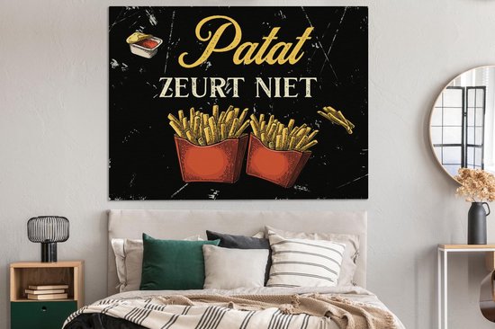 Toile Peinture Frites - Vintage - Citation - 160x120 cm - Décoration murale XXL - Cadeau femme - Cadeau homme