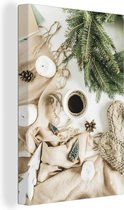 Toile Peinture Hiver - Café - Sapin - 60x90 cm - Décoration murale