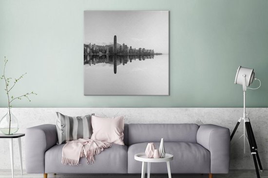 Tableau sur toile Hong Kong - Mer - Zwart - Wit - 90x90 cm - Décoration murale