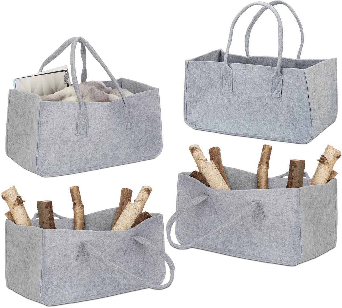 4er set viltmand - haardhouttas - houtmand - houttas - draagtas van vilt - grijs