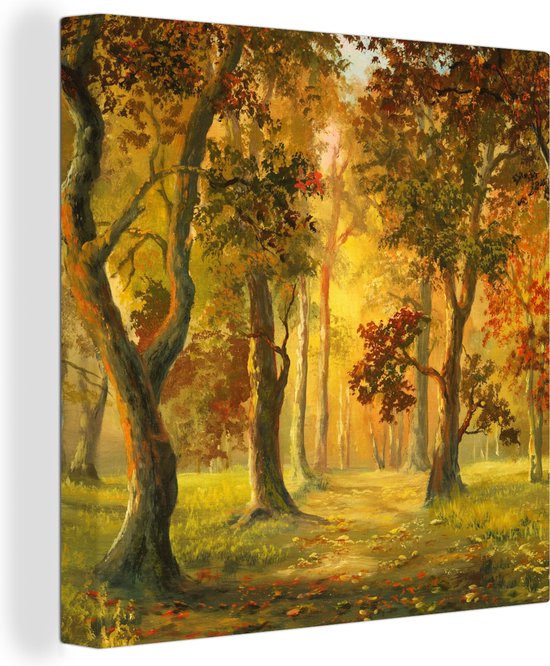 Tableau Mural Vintage Forêt D'automne Avec Rayons De Soleil - Toile Sur Châssis, Fait Main Au Royaume-Uni