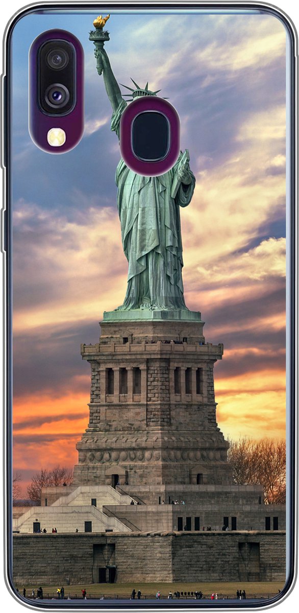 Telefoonhoesje Geschikt voor Samsung Galaxy A40 hoesje - Vrijheidsbeeld in New York tijdens zonsondergang - Siliconen Telefoonhoesje Telefoonhoesje