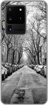 Geschikt voor Samsung Galaxy S20 Ultra hoesje - Geparkeerde auto's in New York - zwart-wit - Siliconen Telefoonhoesje