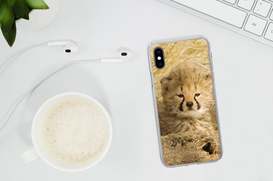 Telefoonhoesje Geschikt voor iPhone X hoesje - Cheeta - Jong - Gras - Siliconen Telefoonhoesje Telefoonhoesje