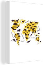 Wanddecoratie Wereldkaart - Dieren - Geel - Canvas - 90x120 cm