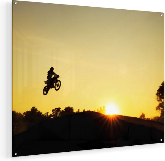 Artaza Glasschilderij - Silhouet Van Een Motorcross Bij Zonsondergang - 100x80 - Groot - Plexiglas Schilderij - Foto op Glas