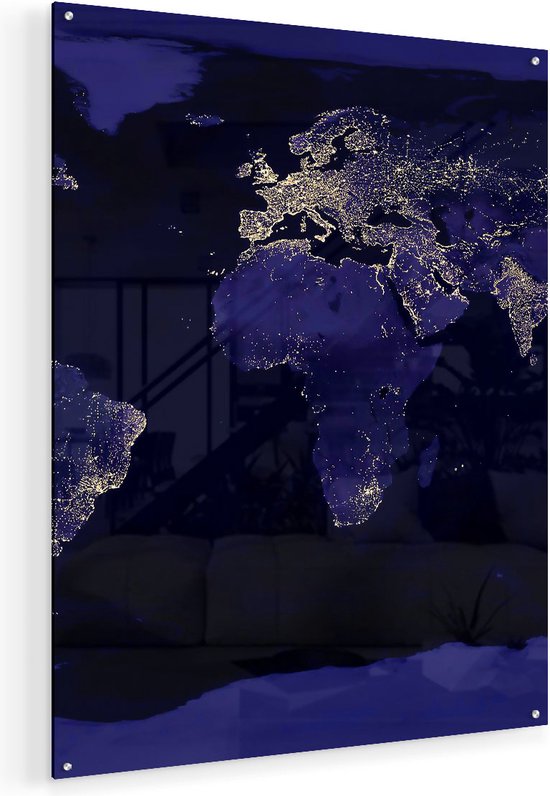 Artaza Glasschilderij - Wereldkaart Met Licht Observaties - 80x100 - Groot - Plexiglas Schilderij - Foto op Glas