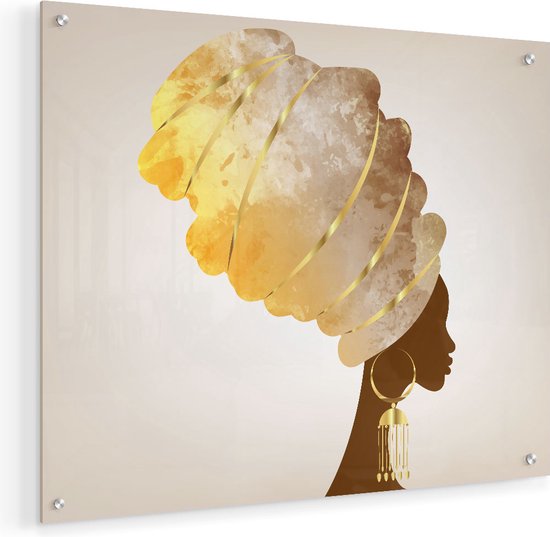 Artaza Glasschilderij - Afrikaanse Vrouw Met Gouden Tulband  - 50x40 - Plexiglas Schilderij - Foto op Glas