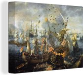 Canvas Schilderij Het ontploffen van het Spaanse admiraalsschip - Schilderij van Cornelis Claesz van Wieringen - 40x30 cm - Wanddecoratie