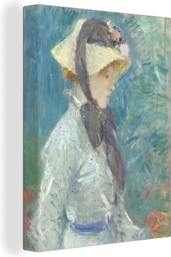 Canvas Schilderij Young woman with a straw hat - schilderij van Berthe Morisot - 90x120 cm - Wanddecoratie