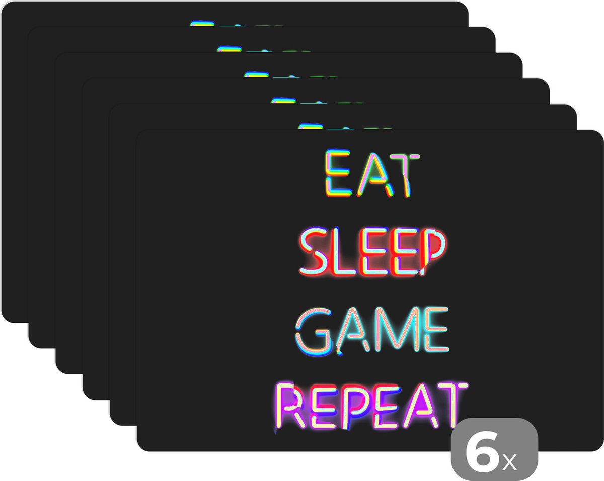 Placemat - Placemats kunststof - 45x30 cm - Gaming - Led - Quote - Eat sleep game repeat - Gamen - 6 stuks - Borden onderleggers antislip - Tafel decoratie - Luxe tafelversiering - Tafelmat vinyl - Bord onderlegger - Tafeldecoratie accessoires