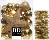 Kerstversiering kunststof kerstballen 5-6-8 cm met ster piek en folieslingers pakket goud van 35x stuks - Kerstboomversiering