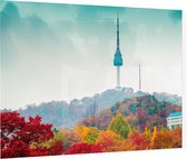 De Namsan Seoul Tower achter een herfstdecor in Korea - Foto op Plexiglas - 90 x 60 cm