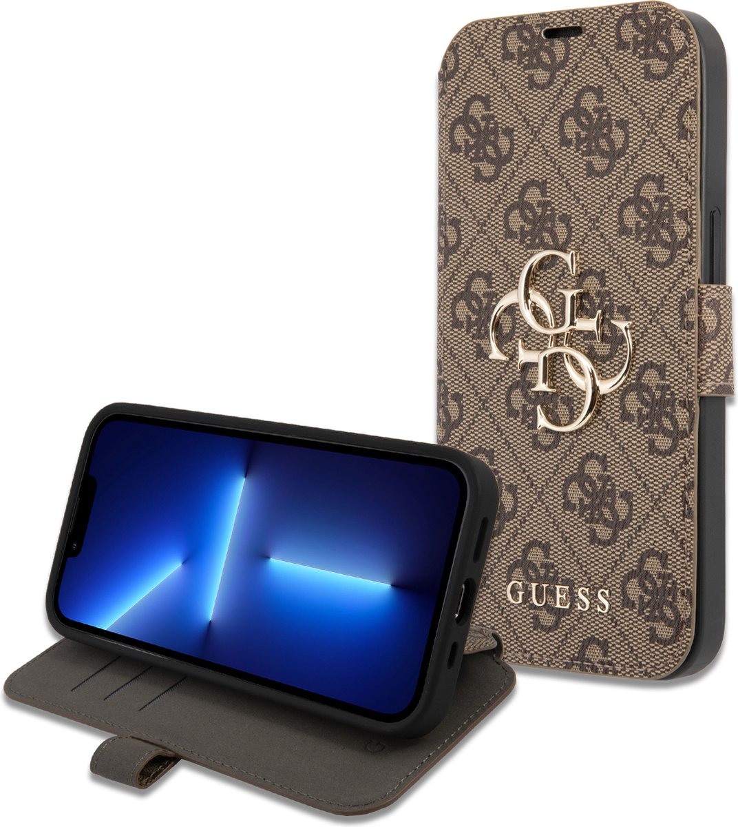 iPhone 13 Pro Bookcase hoesje - Guess - Effen Bruin - Kunstleer