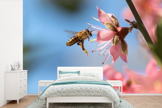 Papier peint photo peint vinyle - Abeille volant vers une fleur rose largeur 330 cm x hauteur 220 cm - Tirage photo sur papier peint (disponible en 7 tailles)