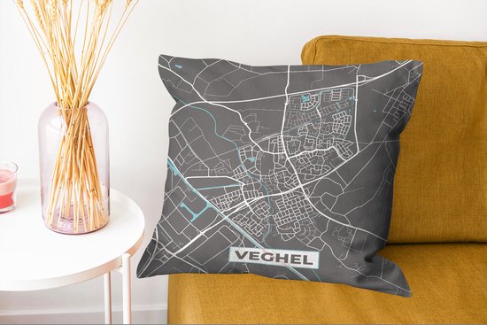 Coussins décoratifs - Oreillers Salon - 50x50 cm - Plan - Veghel - Grijs - Blauw - Plan de la ville