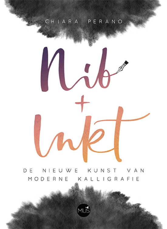 Boekomslag met 'Nib + Inkt' in kalligrafische letters, met zachte inktvlekken aan de boven- en onderkant. Gekleurd in paars en oranje.