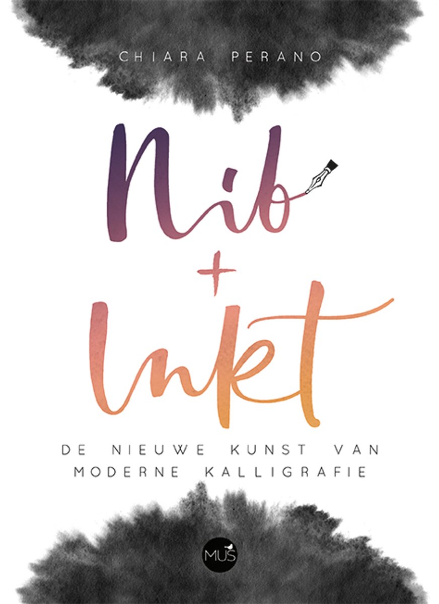 Boekomslag met 'Nib + Inkt' in kalligrafische letters, met zachte inktvlekken aan de boven- en onderkant. Gekleurd in paars en oranje.