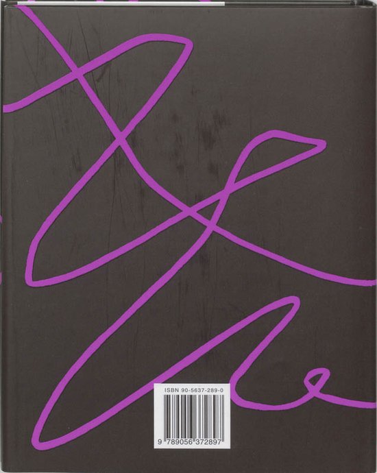 Achterkant van een boek met een bruine, gespikkelde achtergrond en dikke, roze lijnen. ISBN-barcode onderaan.