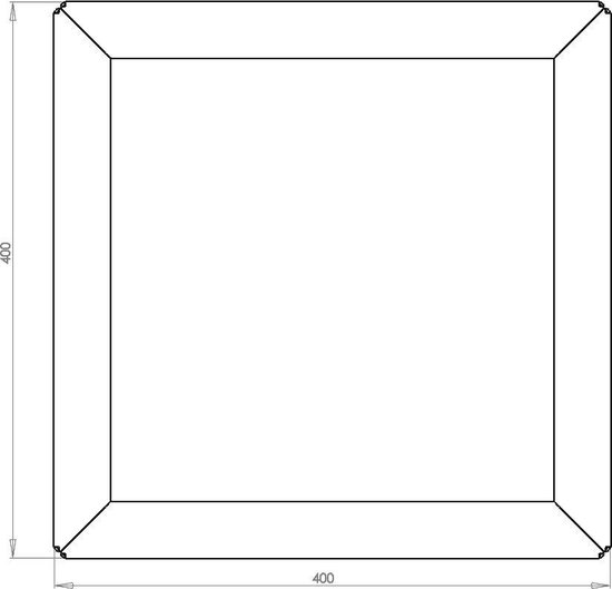 Technische tekening van een vierkante plantenbak van cortenstaal met afmetingen 400x400 mm.