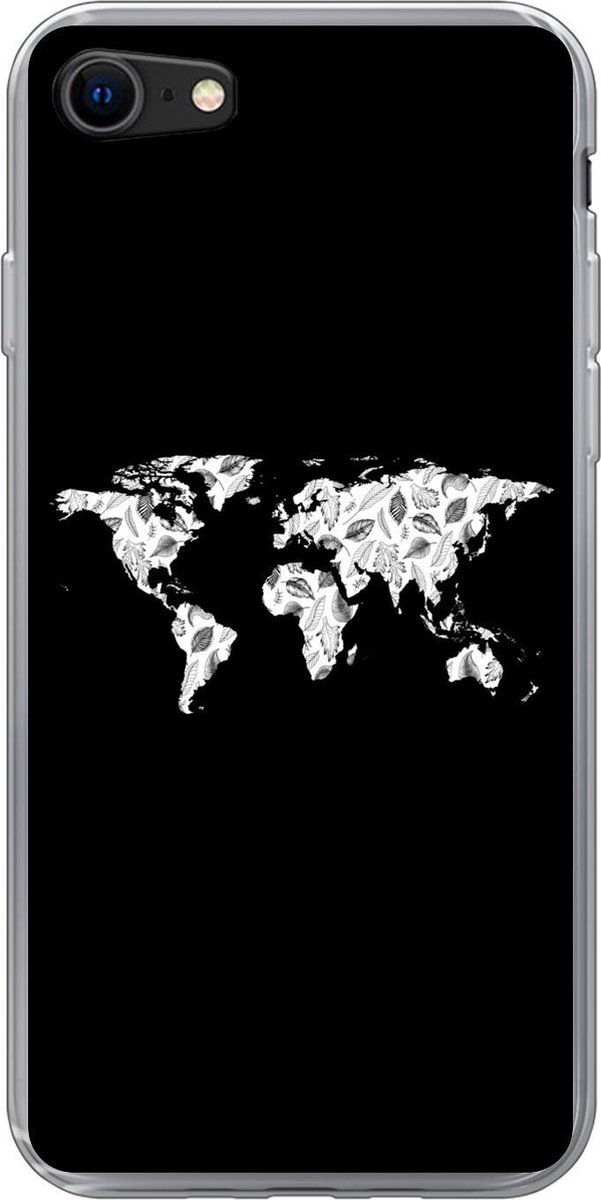 Telefoonhoesje Geschikt voor iPhone 8 hoesje - Wereldkaart - Bladeren - Zwart - Siliconen Telefoonhoesje Telefoonhoesje
